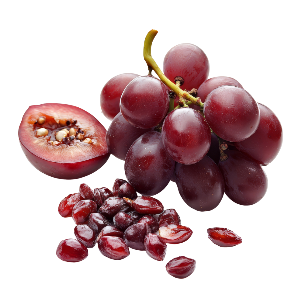 Fresh red grapes with seeds on a clean transparent background showcasing their natural texture and color, Red grape with seeds isolated on transparent background png