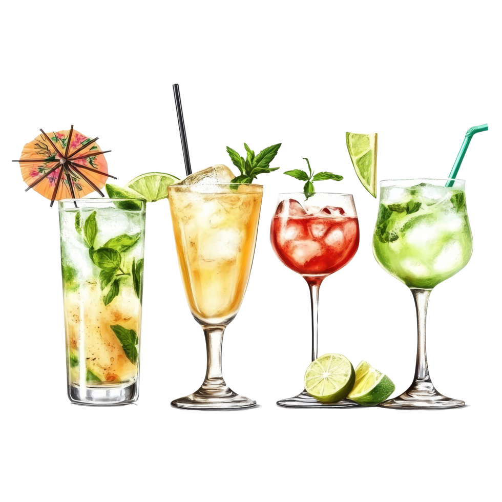 Cool and refreshing tropical cocktails featuring pina colada, margarita, and mojito at a summer party, Titre Exotic Cocktail, Colada, Margarita, and Mojito on transparent background png