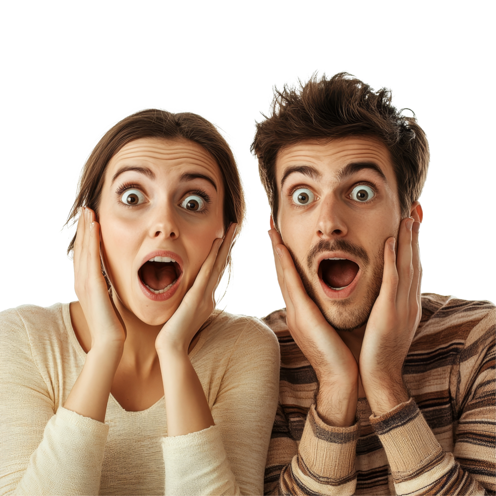 Amazed young couple expressing joy and surprise in a bright, isolated setting, happy amazed couple of young people, file of isolated object on transparent background png
