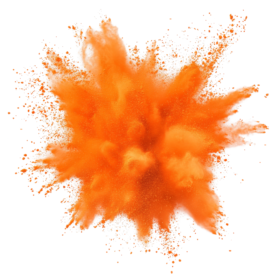 Vibrant orange color powder explosion captured against a clean transparent background for artistic expression, orange color powder explosion isolated on transparent background png