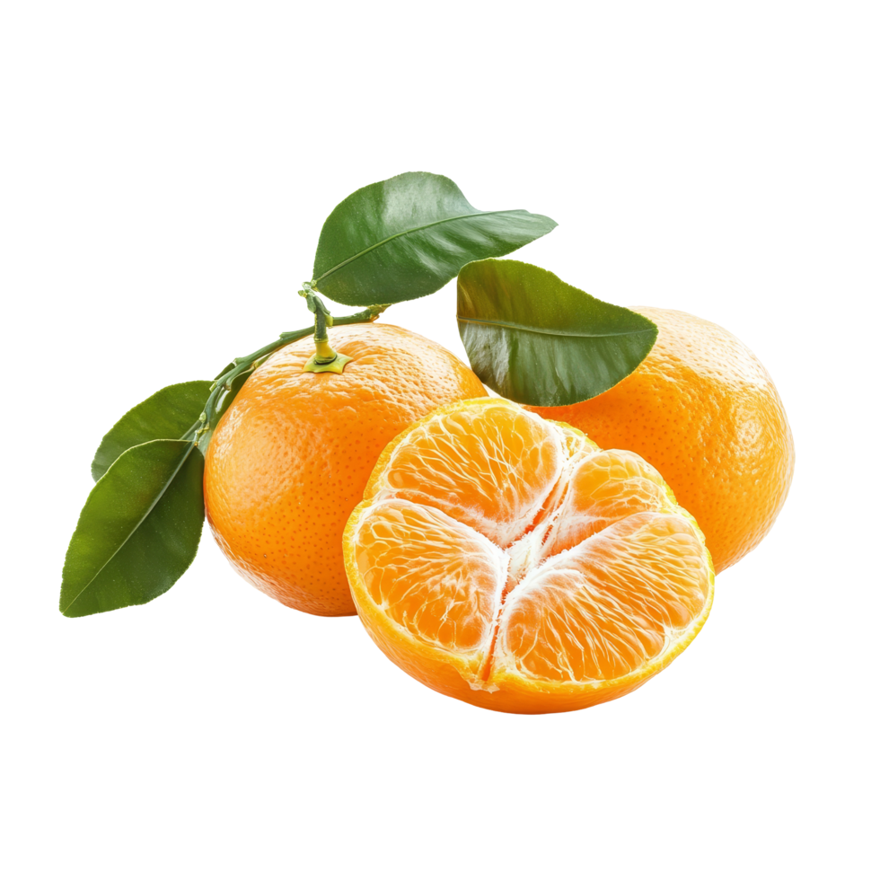 Fresh tangerines with leaves on a bright transparent background ready for a healthy snack or dessert presentation, Tangerines fruit isolated on transparent background png