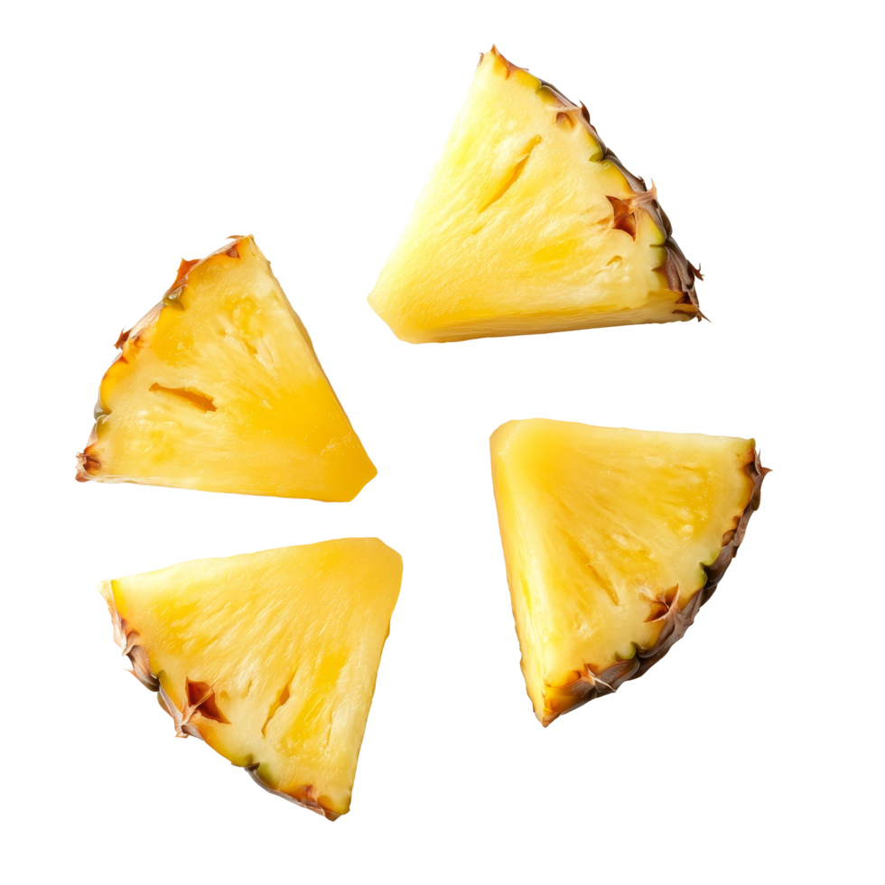 Sliced fresh pineapple segments on a transparent background showcasing their vibrant color and natural texture, Sliced pineapple on transparent background png