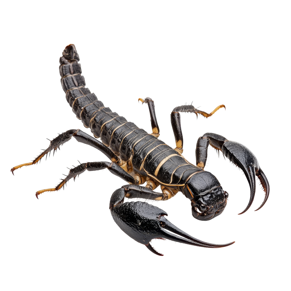 A close up view of a black scorpion isolated on a clean transparent background showing its distinctive features and posture, Scorpion isolated on transparent background png