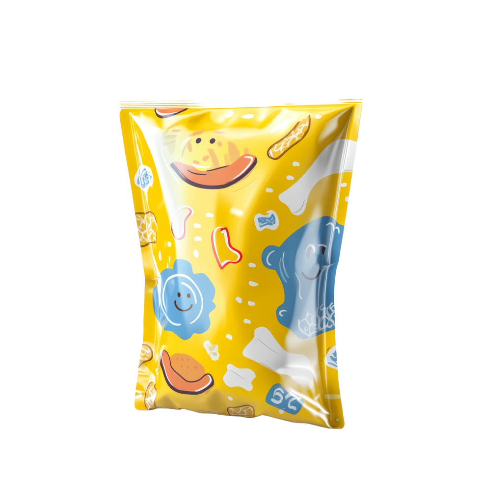 Colorful snack packaging with playful designs isolated on a transparent background, Snack packaging isolated png