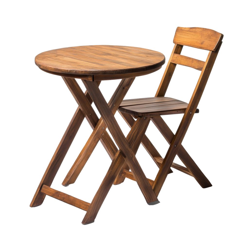 Round wooden table and foldable chair set against a clean transparent background for versatile home or office use, Wood table and chair on transparent background. wooden table with chair transparent background png