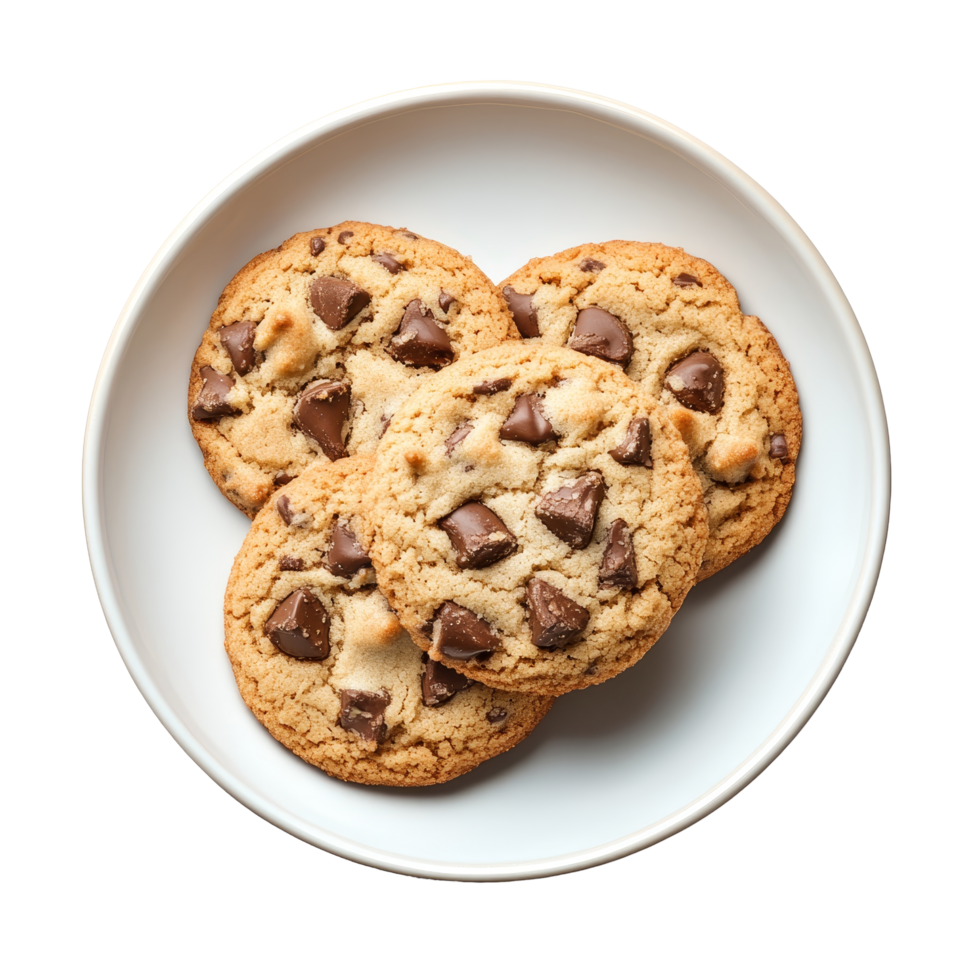 Delicious chocolate chip cookies arranged neatly on a transparent plate isolated against a clean transparent background, cookie in a plate isolated on transparent background png