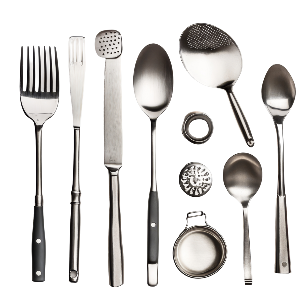 A collection of diverse kitchen utensils arranged neatly on a transparent background, showcasing essential cooking tools, Kitchen utensil on transparent background file png