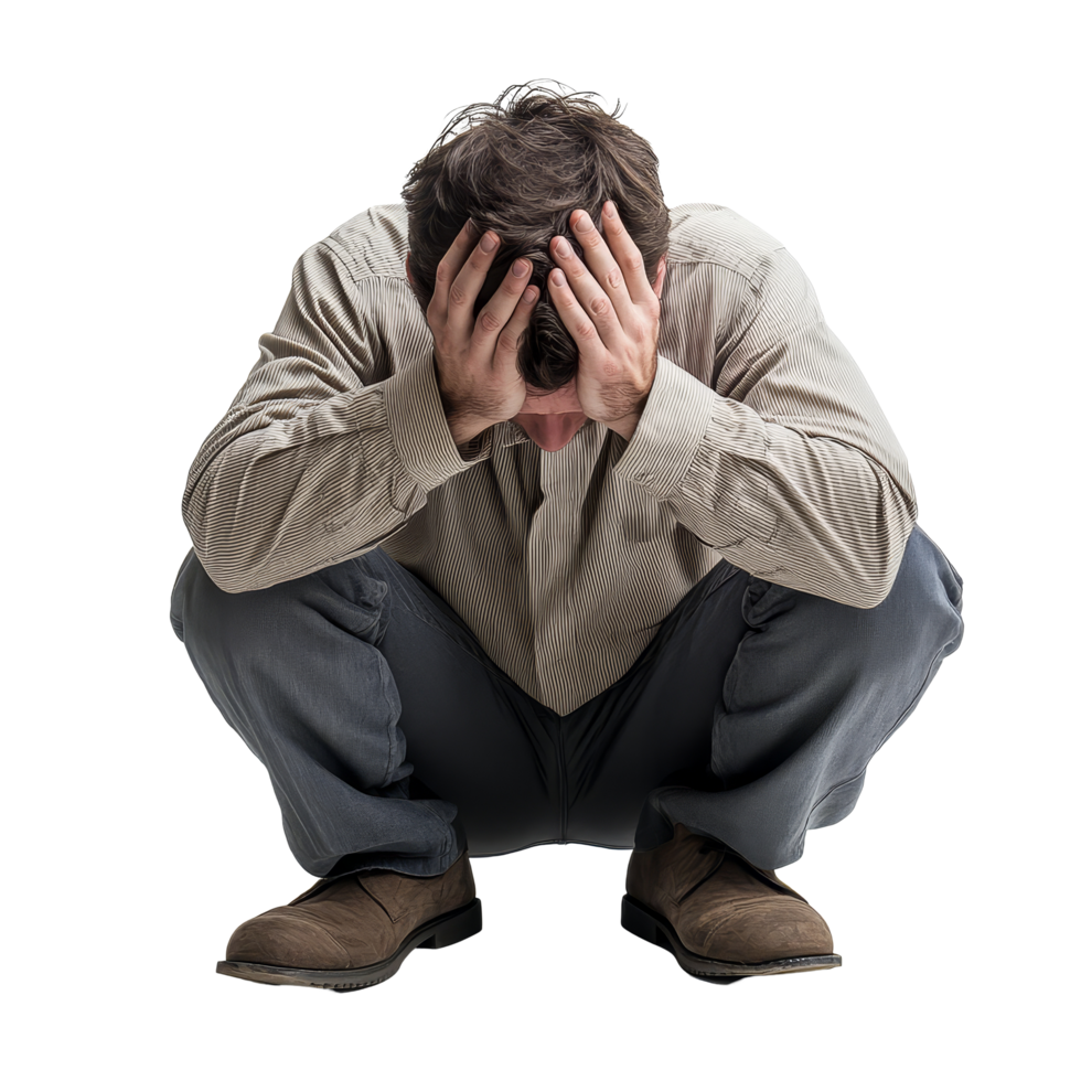 A man sits in despair with his head in his hands, struggling through a difficult moment alone indoors, sad man is going through a crisis or is sick, file of isolated object on transparent background png
