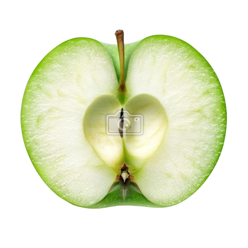 Freshly sliced green apple showing crisp texture and juicy interior on a clean transparent background, Slice Green Apple isolated on transparent background png