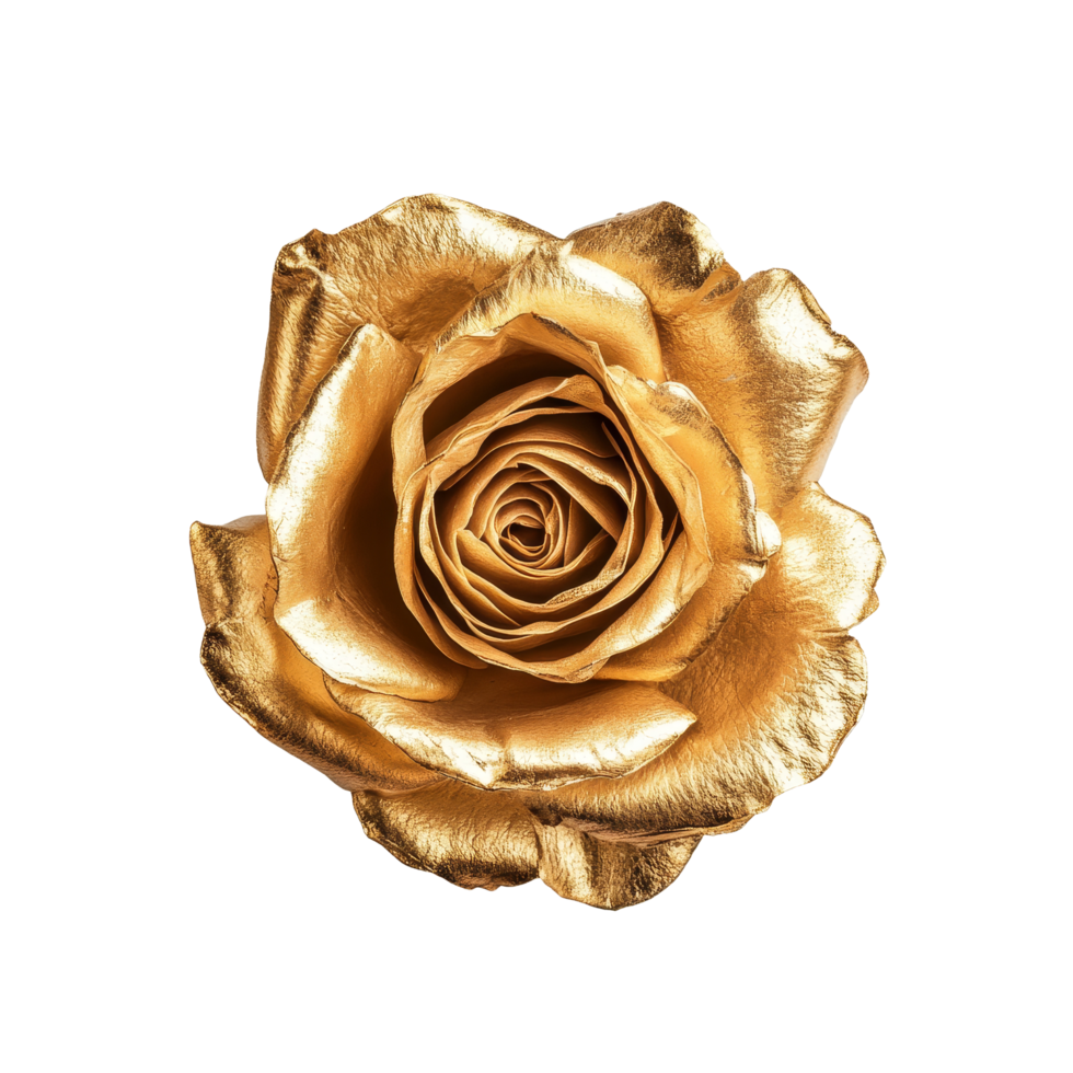 Single gold rose viewed from above, beautifully resting on a clean transparent background, capturing elegance and simplicity, single gold rose top view isolated on transparent background png