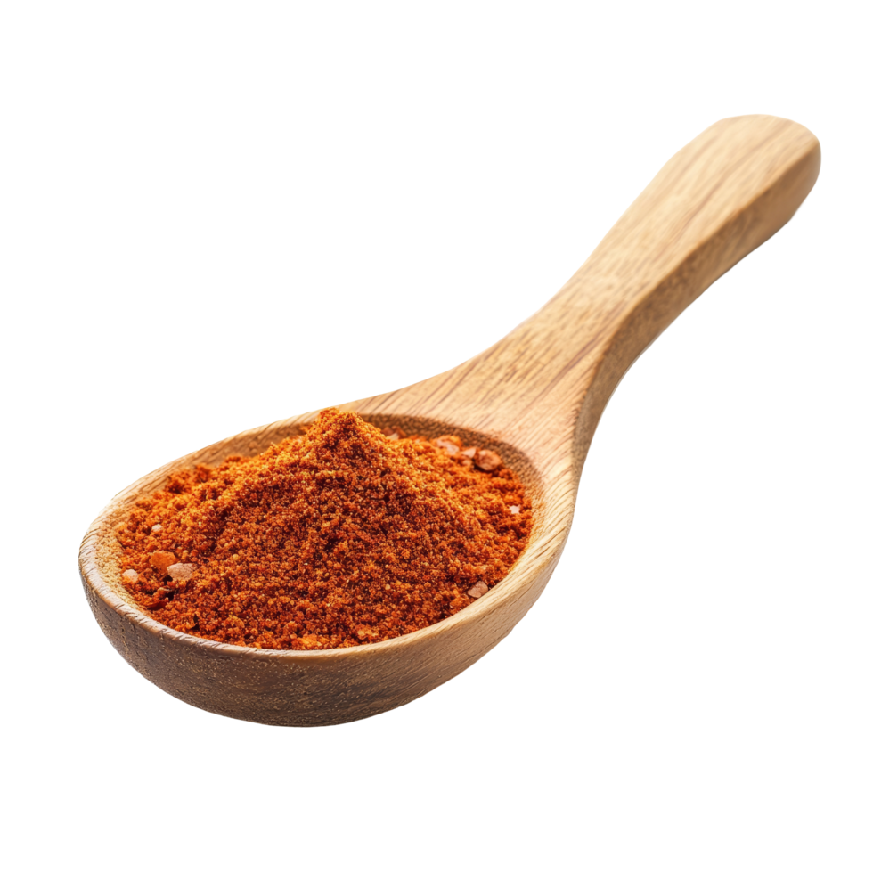 Chili powder heaped in a wooden spoon against a clean transparent background, Chili powder in wood spoon isolated on transparent background png