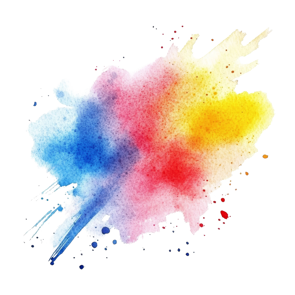 Vibrant watercolor stain blends blue, red, and yellow on a clean transparent canvas to create an artistic splash, watercolor stain on transparent background png