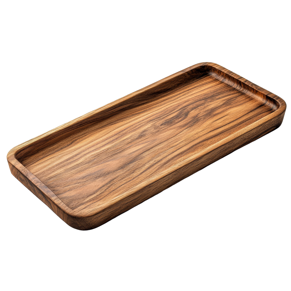 An extra long wooden tray on a transparent background perfect for serving and displaying food or decor items, extra long wooden tray isolated on transparent background png