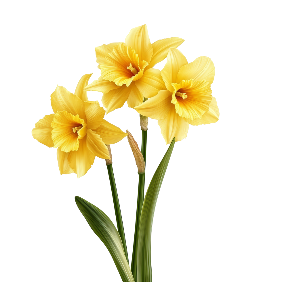 Bright and vibrant daffodils in full bloom on a clean transparent background showcasing natural beauty, vibrant dafodil in style, isolated on a transparent background for design layouts png