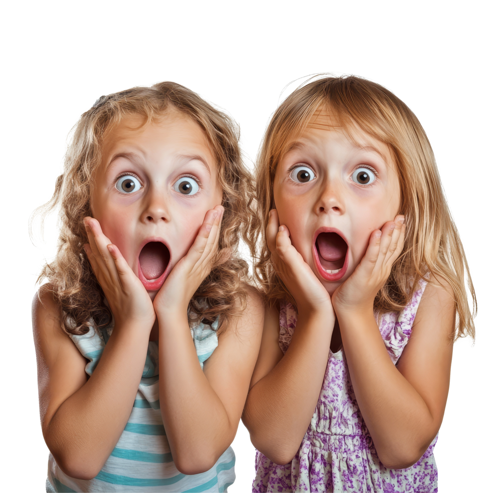 Two amazed young girls express joy and surprise with their hands on their faces against a transparent background, two amazed kids girls friends, file of isolated object on transparent background png