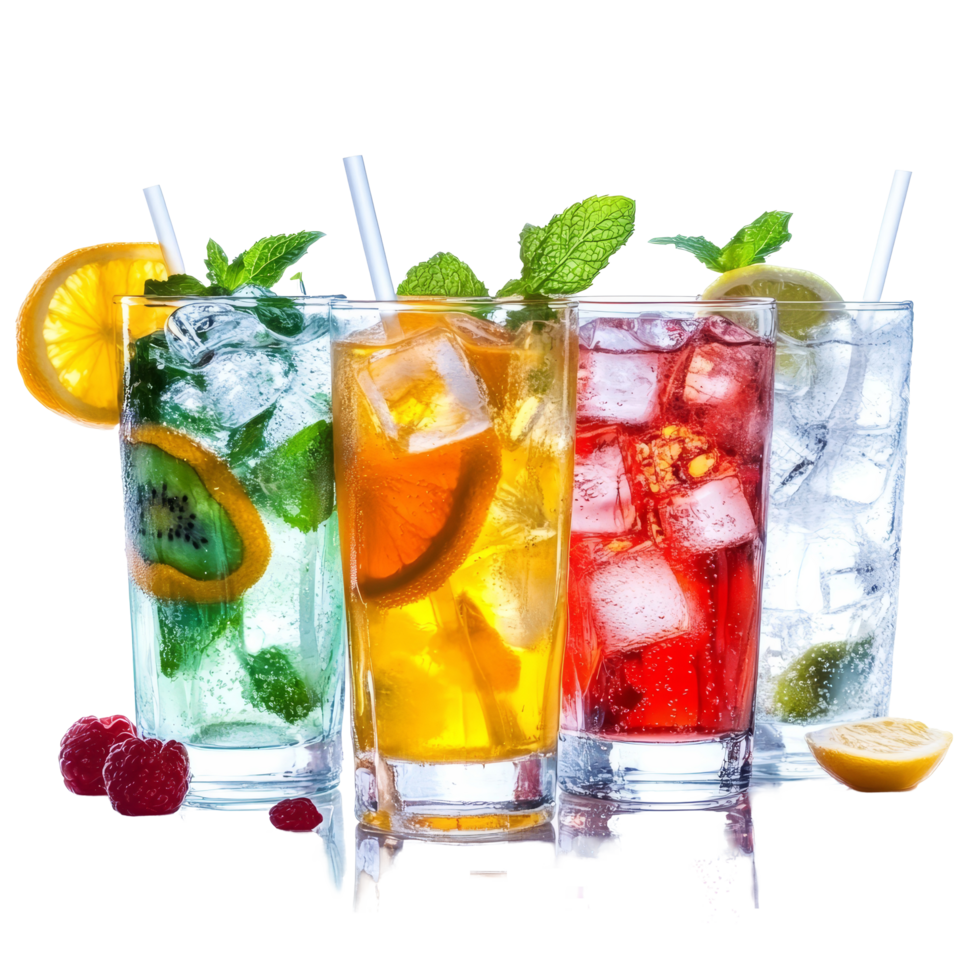 Refreshing summer drinks with ice and colorful fruits on a transparent background for hot days, Summer drinks with ice on transparent background png