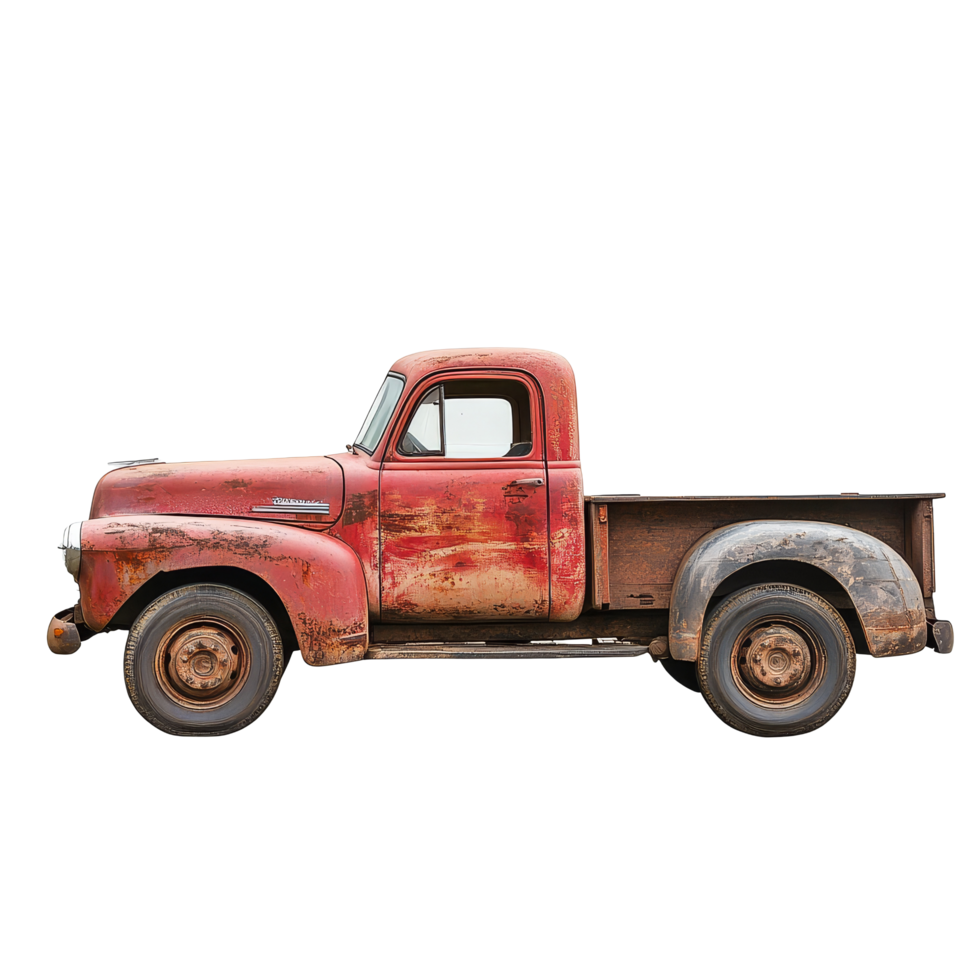 Classic vintage red truck isolated on a transparent background showcasing its weathered design and rustic charm, old truck isolated on transparent png