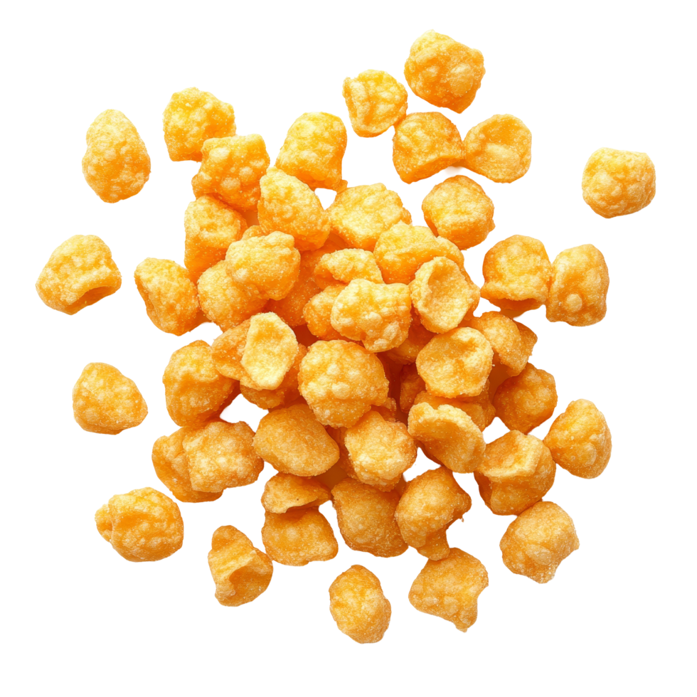 A delightful assortment of crunchy corn snacks scattered on a bright transparent background tempting your taste buds, Crunchy corn snacks on transparent background png