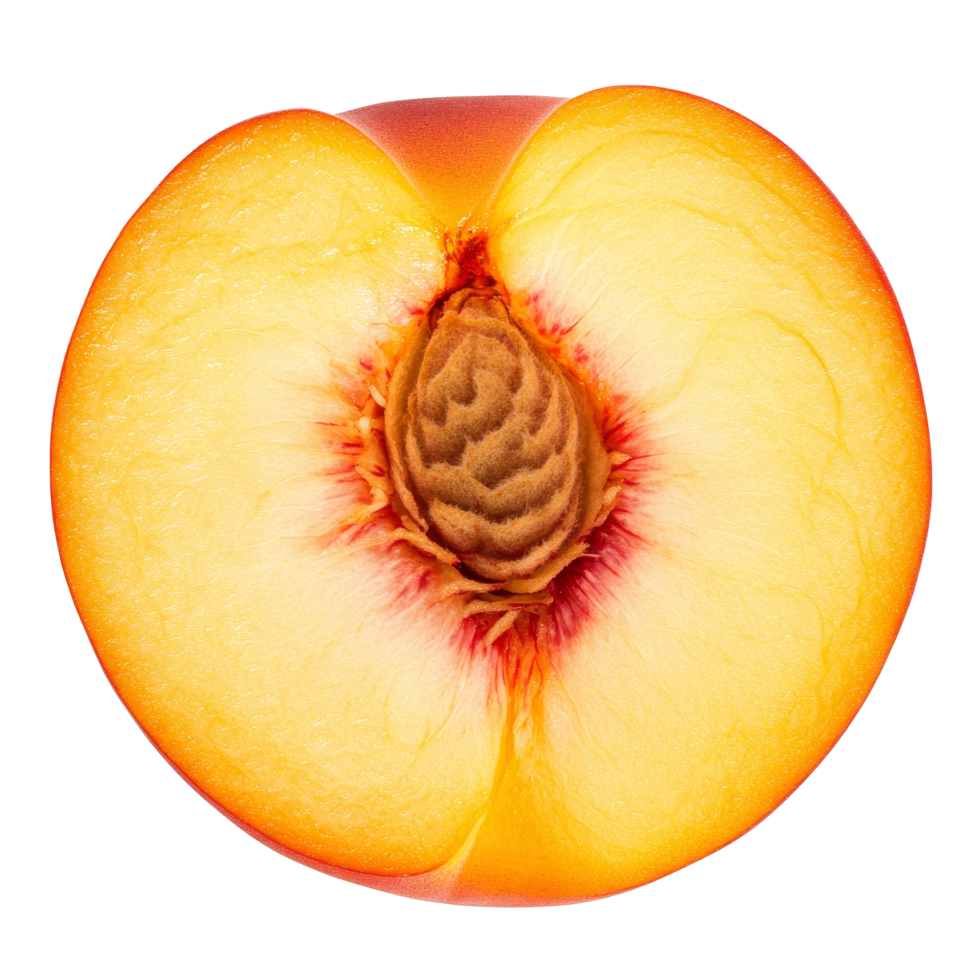 Fresh peach fruit slice with vibrant yellow and orange colors isolated on a transparent background, Peach fruit slice isolated on transparent background png