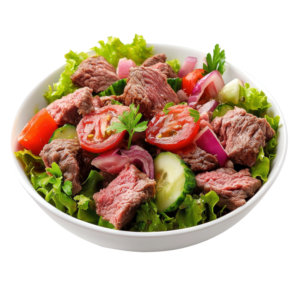 Delicious cold beef salad with fresh vegetables served in a bowl on a clean transparent background perfect for healthy eating enthusiasts, Cold beef salad top view isolated on transparent background png