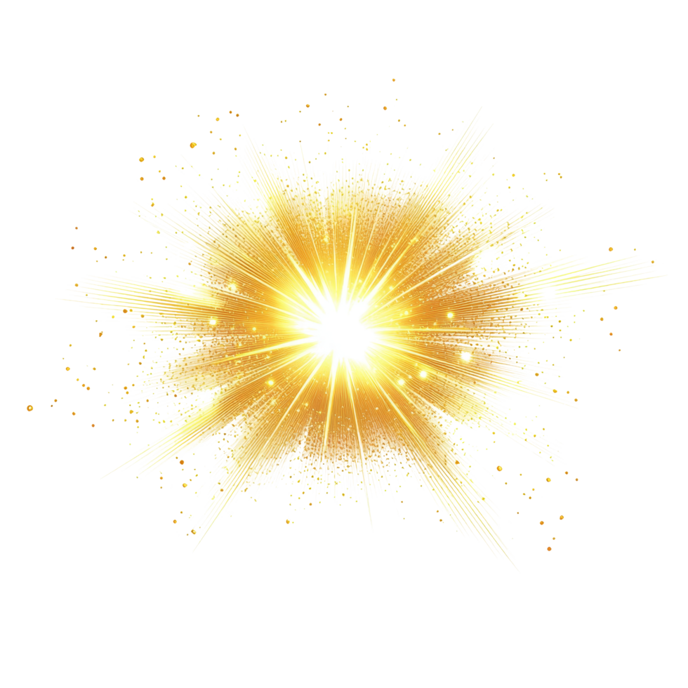 Golden light rays radiate dynamically against a pristine transparent background, creating an ethereal glow, Glowing Golden Light Rays Effect on transparent background png