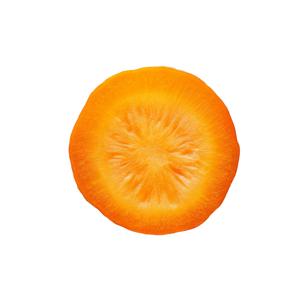 Bright orange carrot slice resting on a clean transparent background, showcasing its fresh texture and vibrant color, Carrot slice top view isolated on transparent background png
