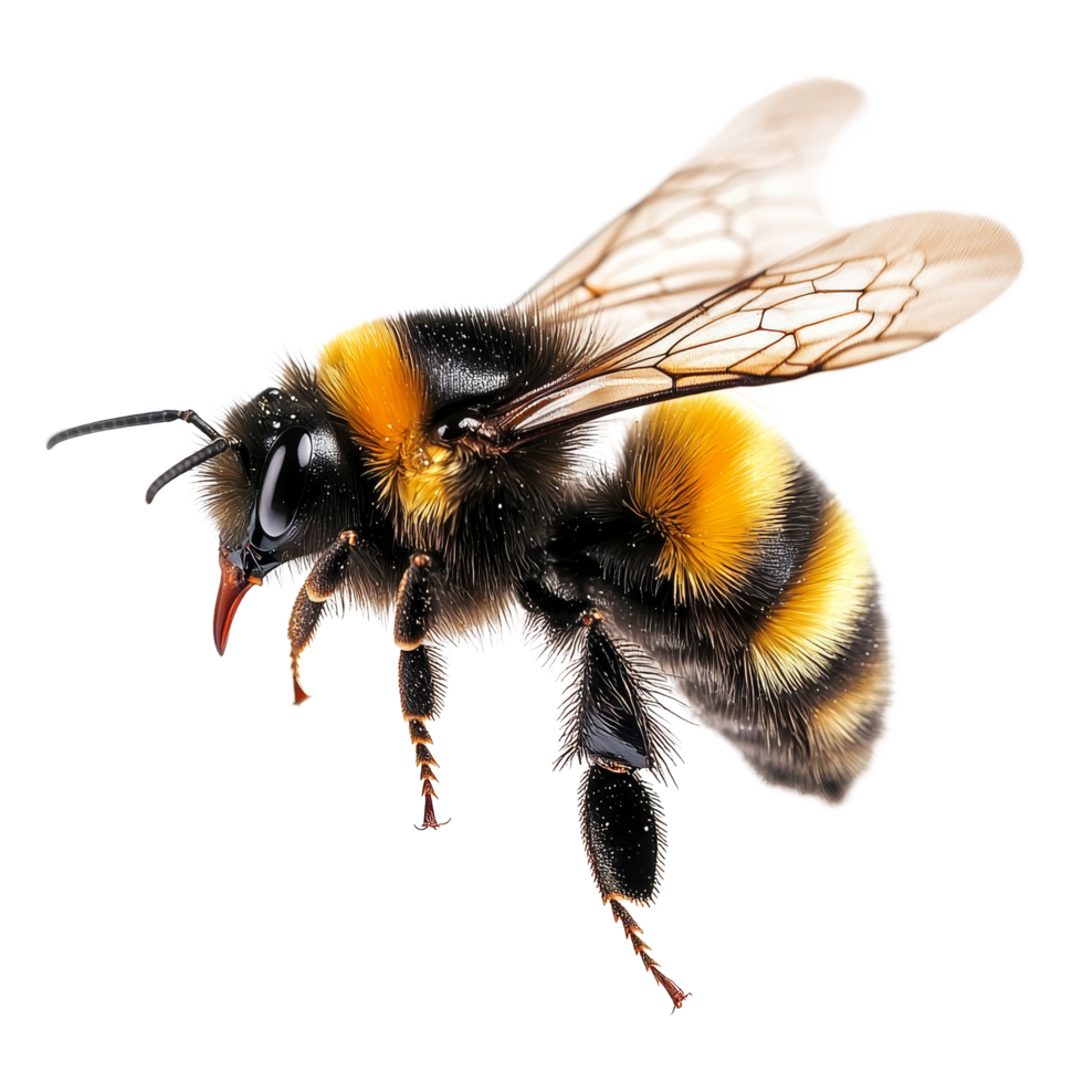 A macro shot of a stunning bumblebee in flight against a soft transparent background, a stunning bumblebee flying macro shot isolated on transparent background png