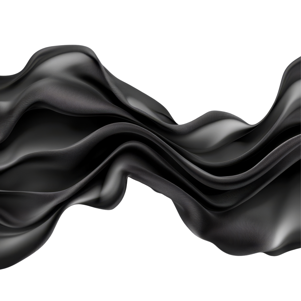 Elegant black fabric waves gracefully undulate against a pristine transparent background creating a striking visual contrast, Elegant Black Fabric Waves on transparent background png