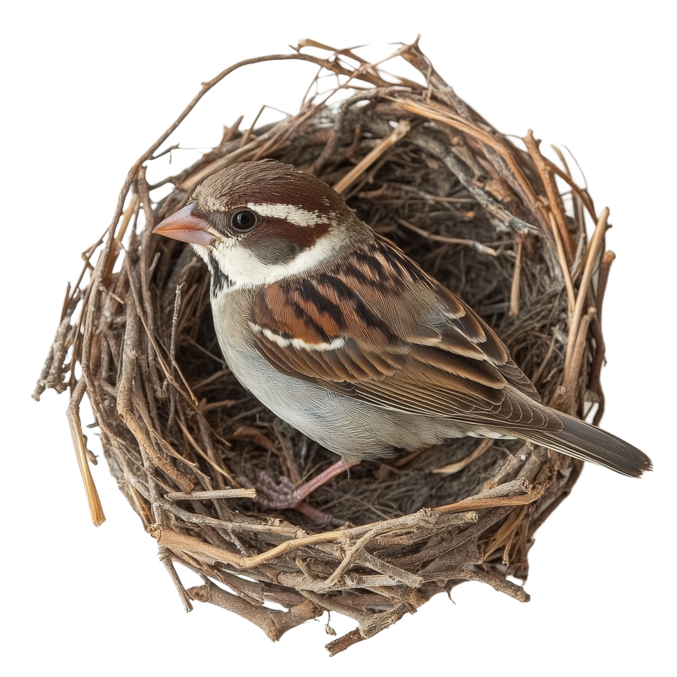 A beautiful sparrow resting in its intricate nest on a soft transparent background, beautiful sparrow in its nest on transparent background png