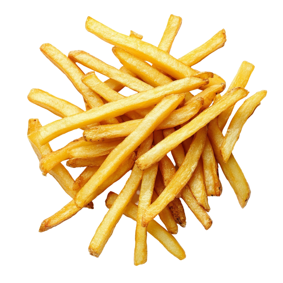 A pile of crispy golden French fries isolated on a clean transparent background ideal for food styling and culinary use, Group of french fries isolated png