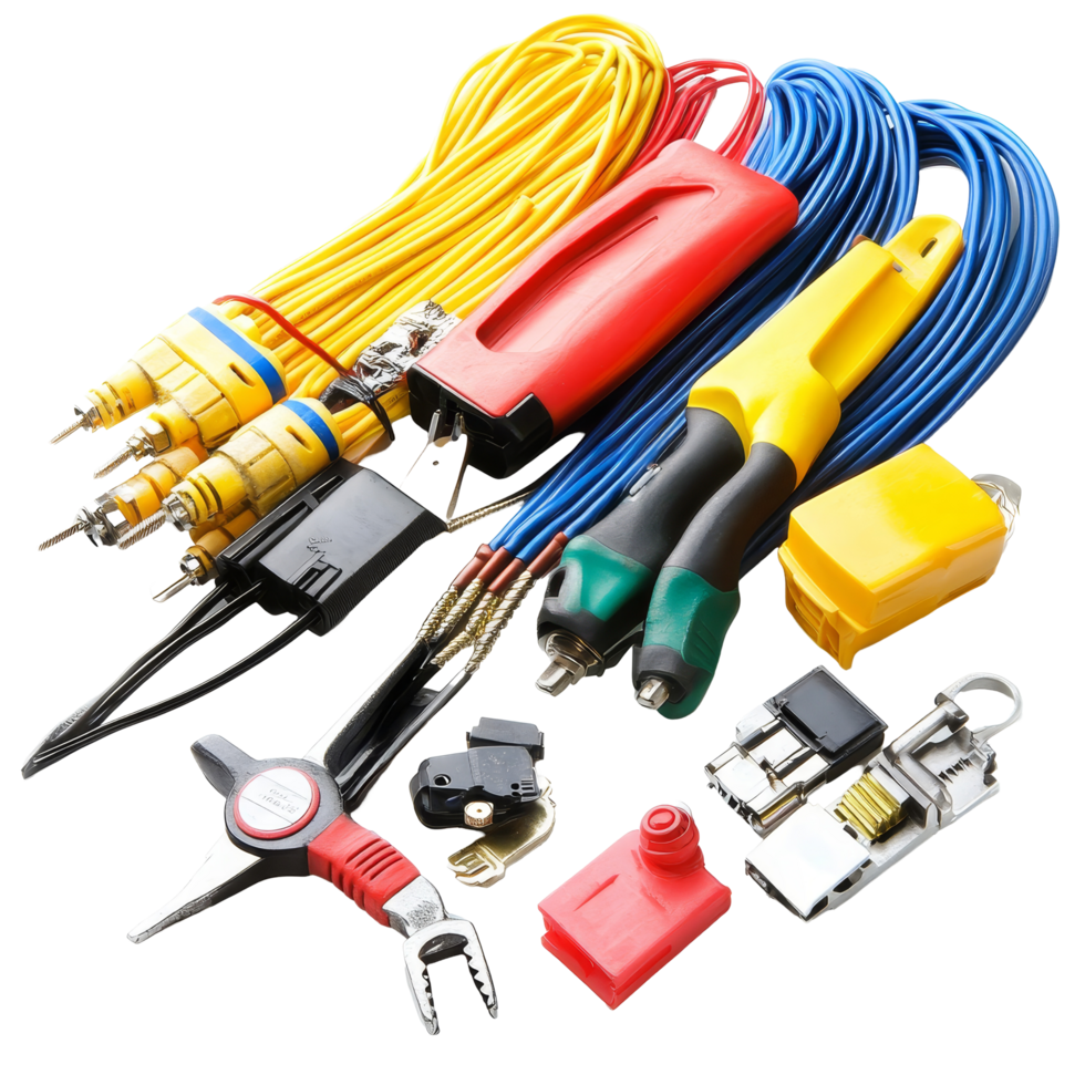 A collection of electrician tools with various cables and connectors organized for efficient use in electrical tasks, Group of electrician tools isolated png