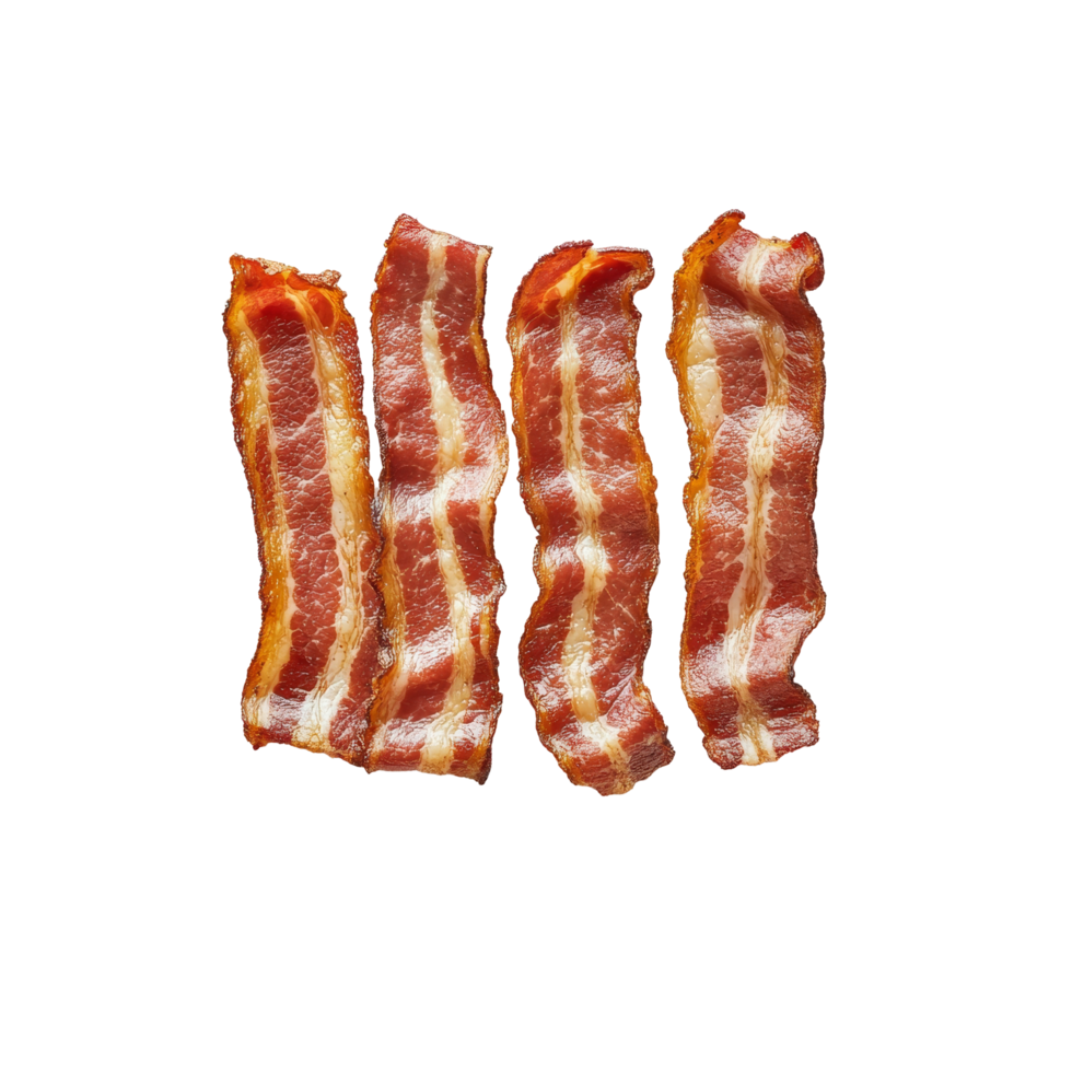 Crispy bacon strips arranged neatly on a transparent plate, perfect for breakfast or brunch, bacon in plate on transparent background png