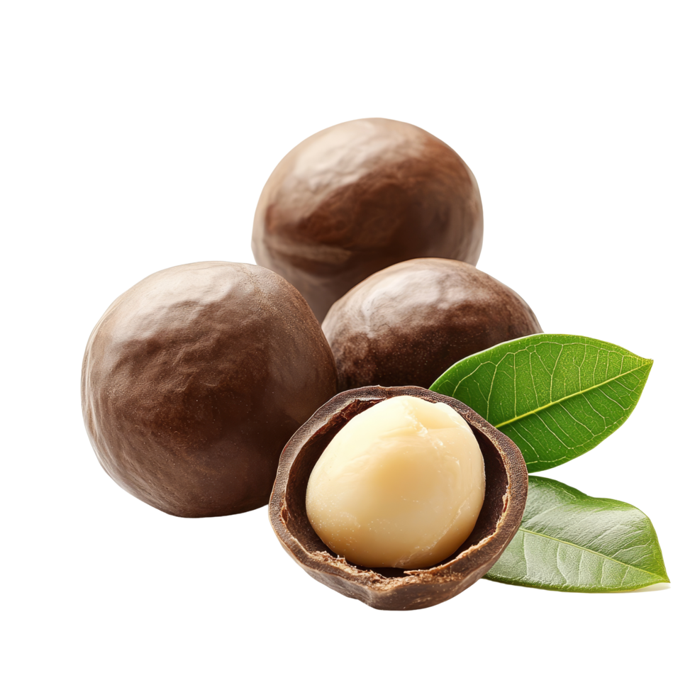 Fresh macadamia nuts and green leaves on a clean transparent background showcasing natural beauty and nutrition, fresh macadamia nuts on transparent background png