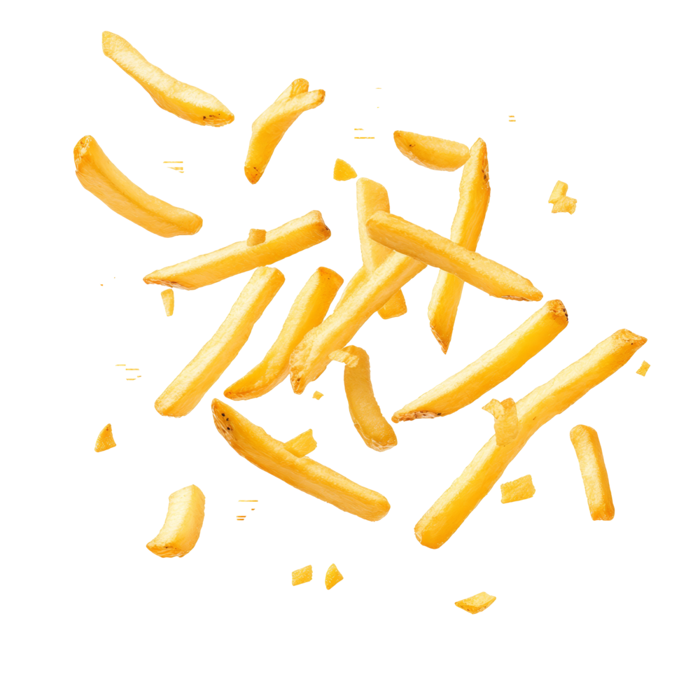 A scatter of falling French fries captures the essence of snack time fun in a minimalist style, falling or flying French fries, potato fry isolated transparent background png