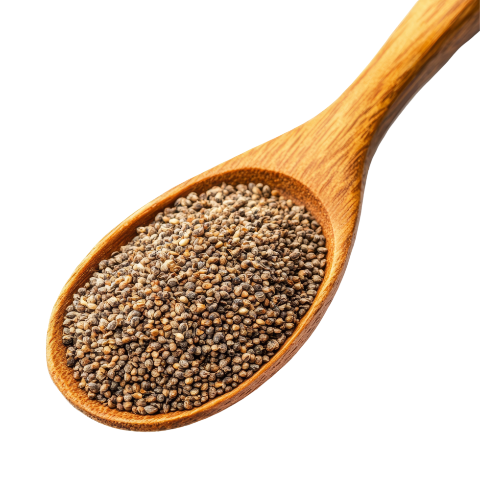 Perilla herb seeds in a wooden spoon on a transparent background highlighting natural cooking ingredients, Perilla herb seed in wood spoon isolated on transparent background png