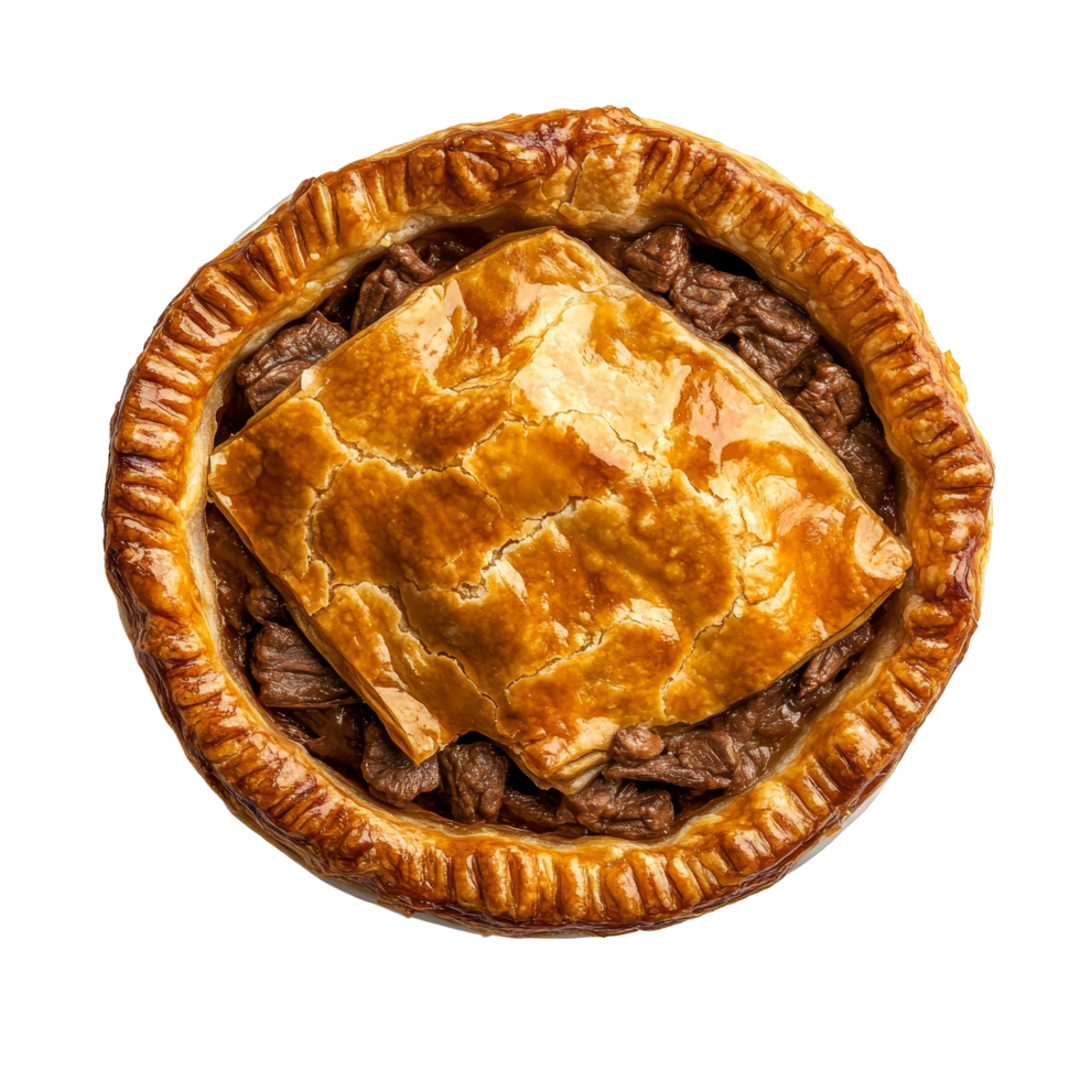 Beef pie topped with golden crust, viewed from above on a clean transparent background, showcasing its hearty filling, pie filled beef top view isolated on transparent background png