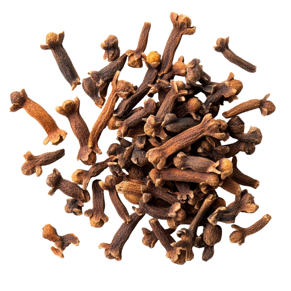Dried clove spice scattered on a clean, transparent background highlighting its rich, dark texture and unique shape, Dry clove isolated on transparent background png