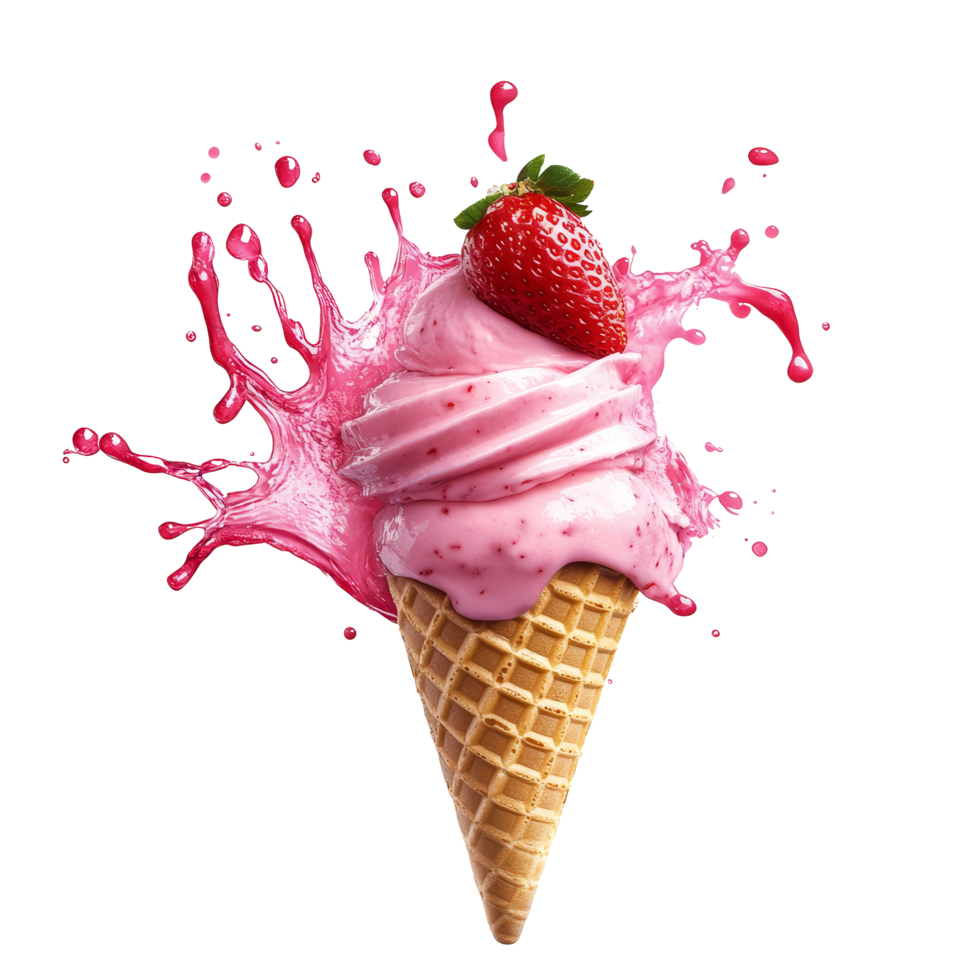 Delicious strawberry ice cream cone with a splash captured against a clean transparent background for summer treat bliss, Strawberry Ice Cream Cone with Splash on transparent background png