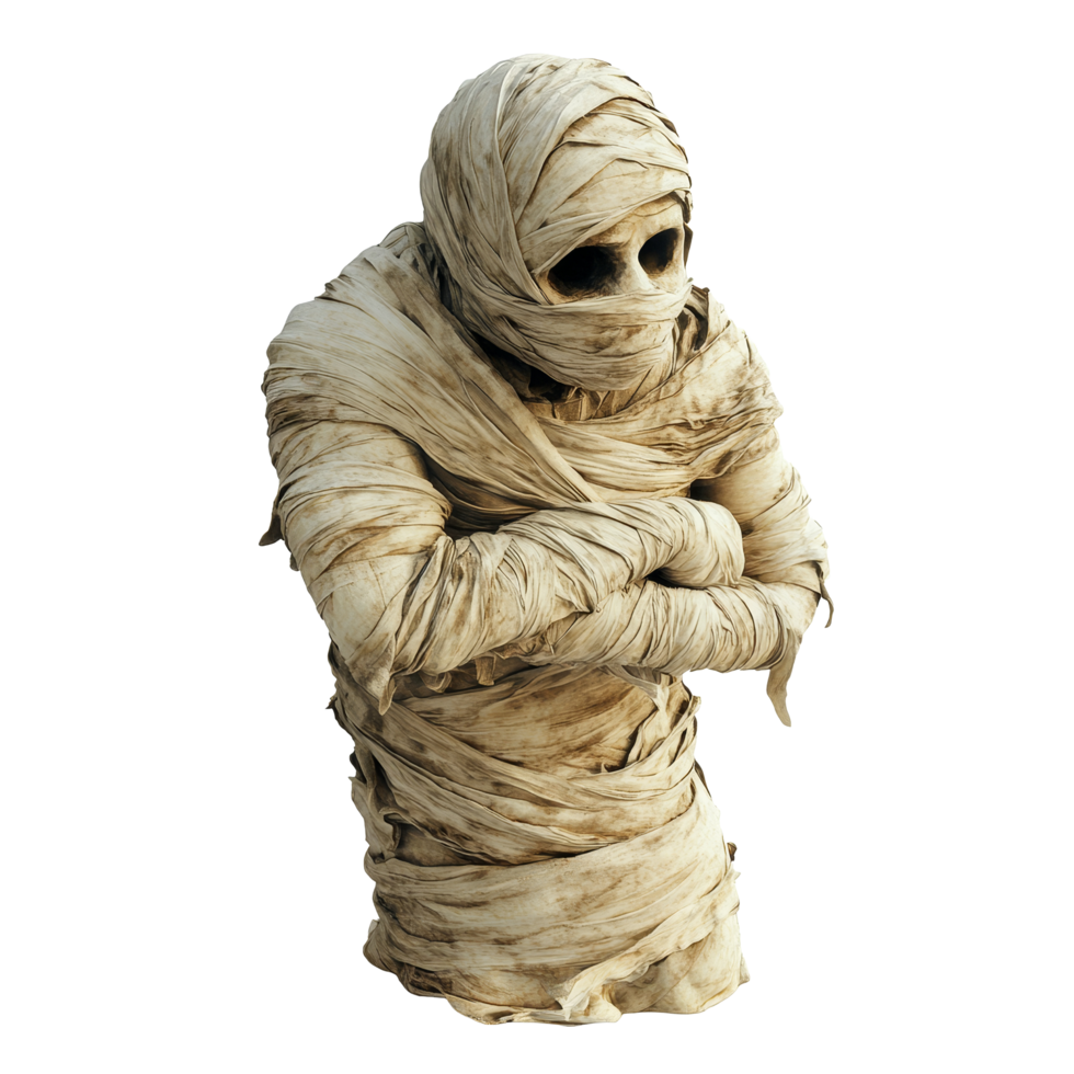 A terrifying mummy wrapped in tattered bandages stands isolated against a plain background, creating an eerie, scary mummy wrapped in bandages, file of isolated object with shadow on transparent background png