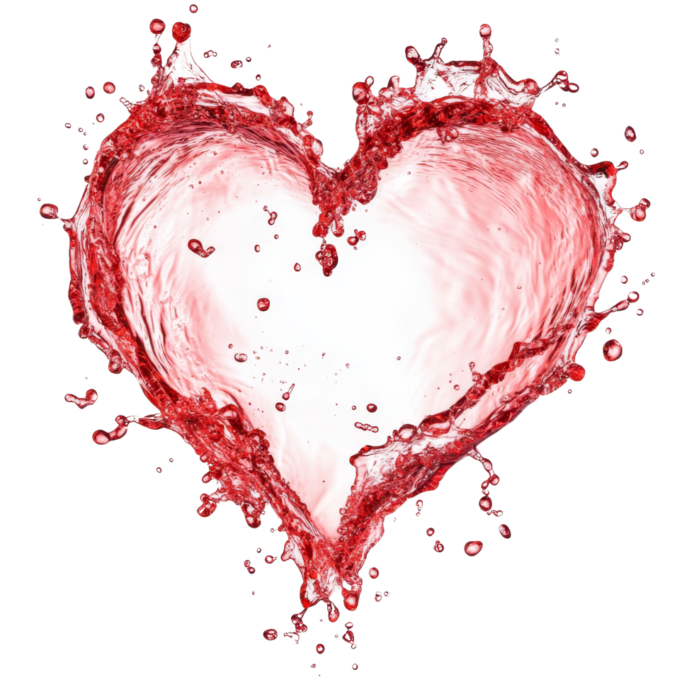 Red water splash creating a heart shape on a transparent background during a creative art project, Red water splash forming a heart shape isolated png