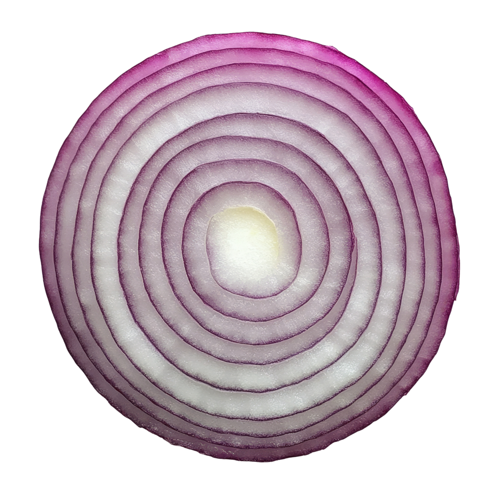 Freshly sliced onion revealing its vibrant purple layers against a transparent background, perfect for culinary use, sliced onion on transparent background png
