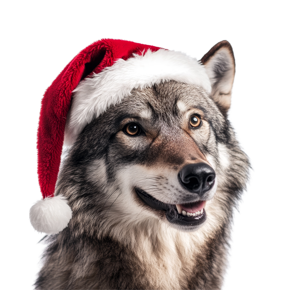 Happy wolf in a festive Christmas hat celebrating the holiday season against a transparent background, Happy Wolf Wearing a Christmas Hat Isolated on transparent background png