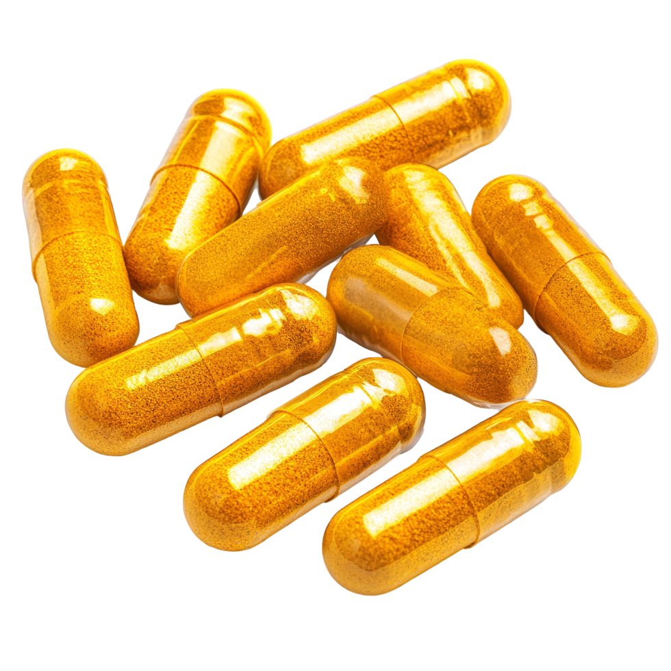 Turmeric capsules scattered on a clean transparent background showcasing their vibrant golden color and distinct shape, Turmeric Capsule on transparent background png
