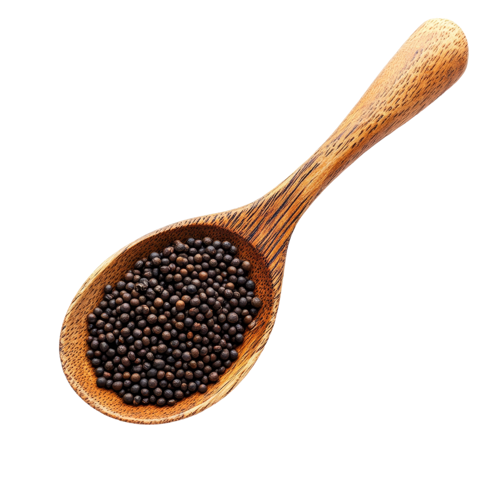 Fresh mustard seeds in a wooden spoon on a transparent background for culinary uses and recipes, mustard seeds in wood spoon isolated on transparent background png