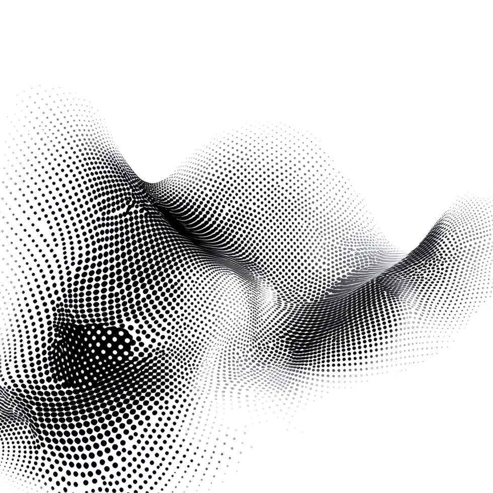Dynamic wave of flowing dot particles creating a captivating, Flowing dot particles wave halftone black gradient smooth curve shape isolated on transparent background. in concept of technology, png