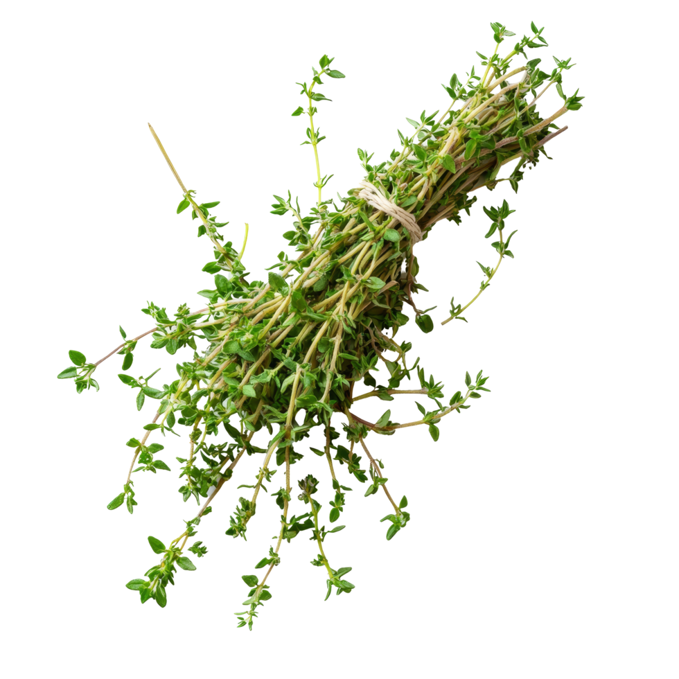 Fresh thyme sprigs bundled together on a clean transparent background perfect for culinary use and garnish options, Fresh thyme isolated on transparent background png