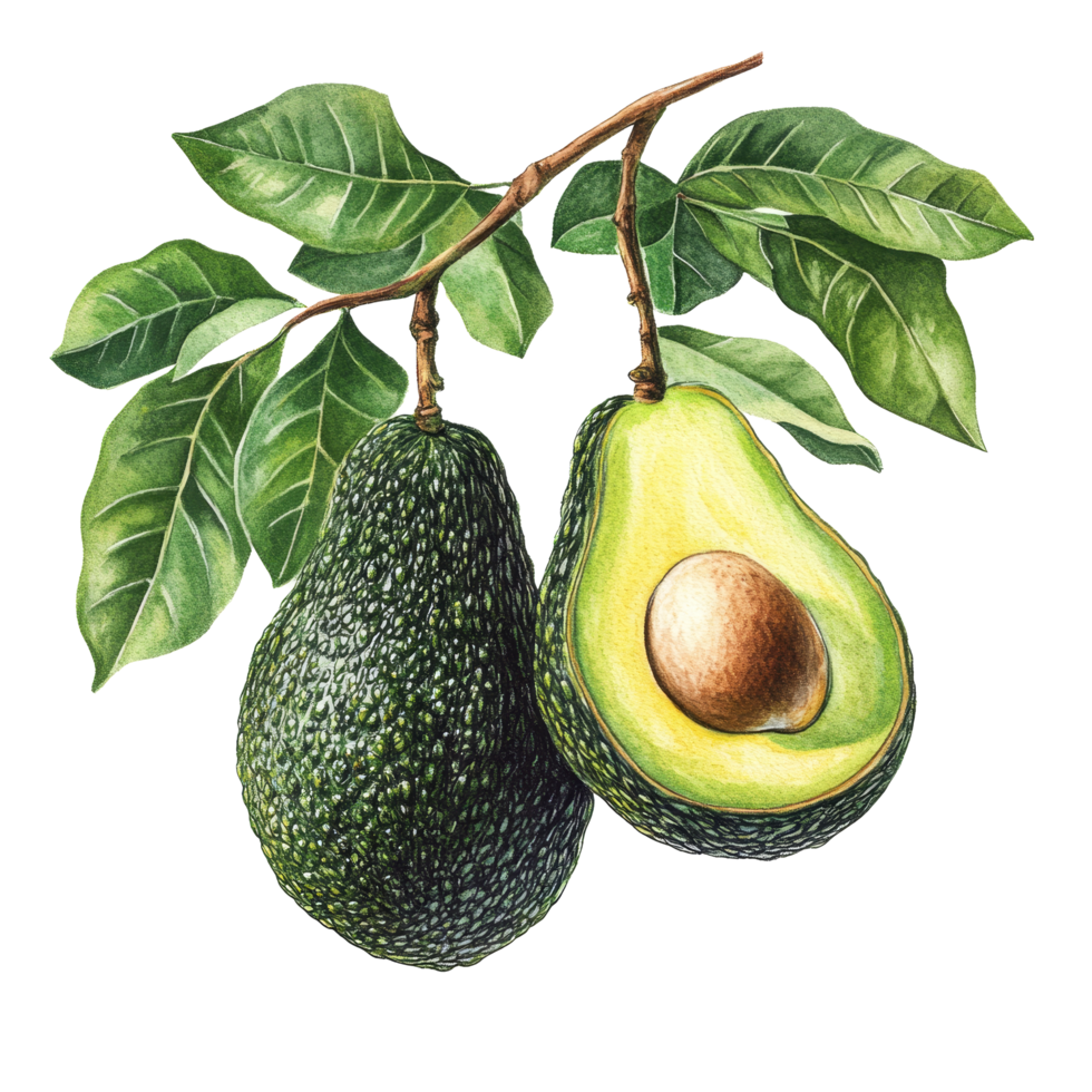 Botanical illustration of avocados with leaves on a transparent background highlighting natural details, Avocado Botanical Illustration on transparent background png