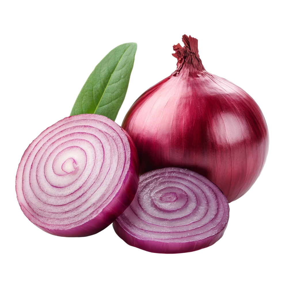 Fresh red onion with green leaves isolated on a clean transparent background showing sliced and whole vegetables, fresh red onion with leaf isolated on transparent background png