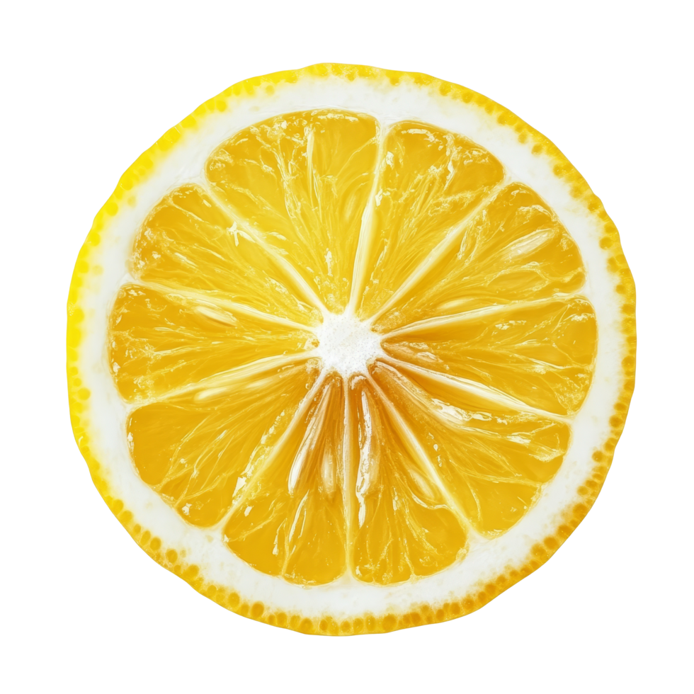 Freshly cut lemon slice isolated on a transparent background, showcasing its vibrant yellow color and juicy texture, fresh slice lemon isolated on transparent background png