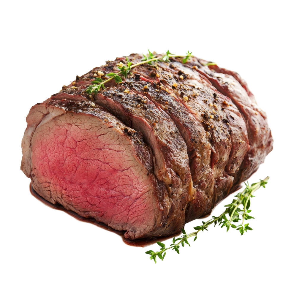 Juicy roasted beef with herbs on a transparent background showcasing a well cooked cut ready for serving, Roasted beef isolated on transparent background png